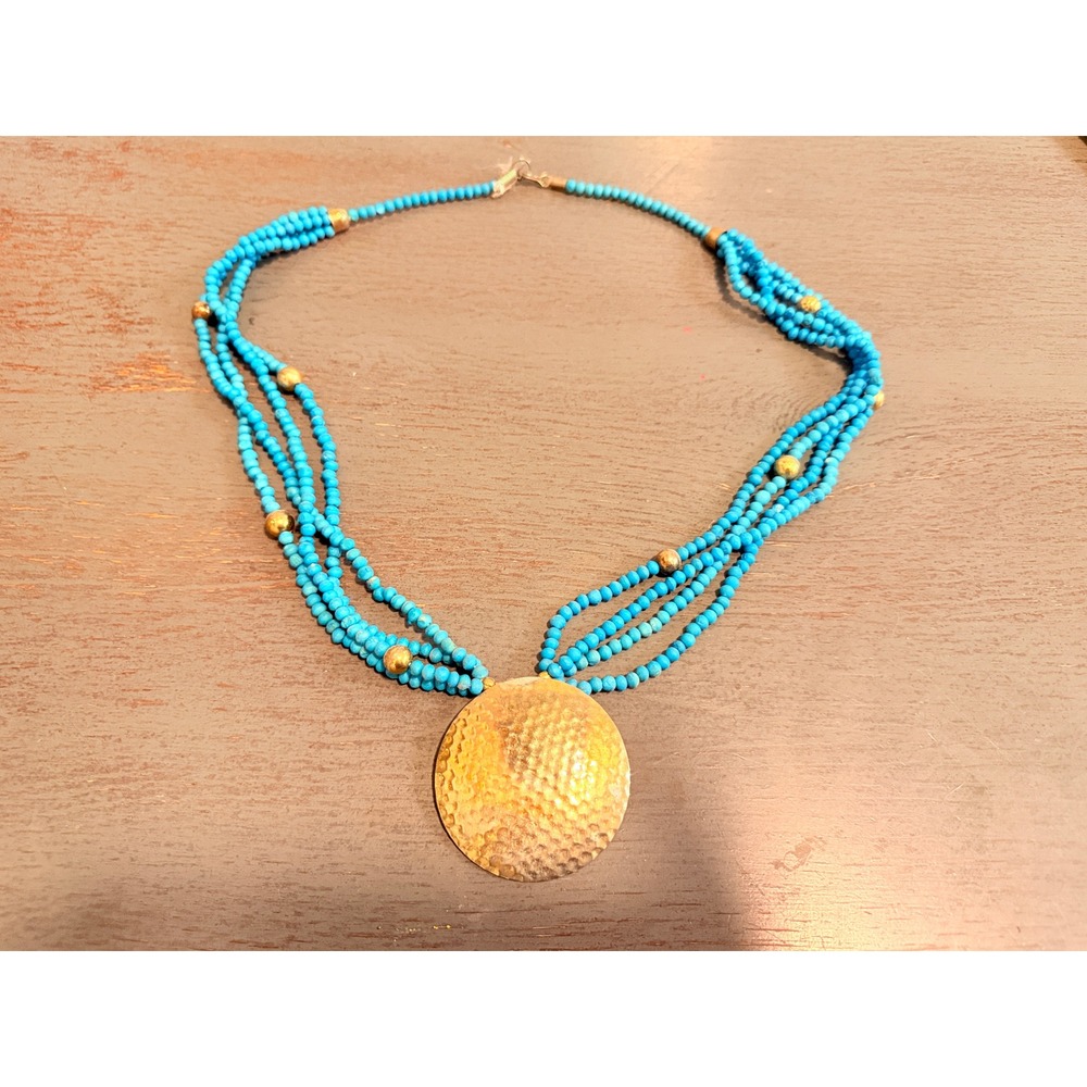 Vintage Multi Strand Turquoise Seed Bead Necklace Hammered Gold Tone Disc